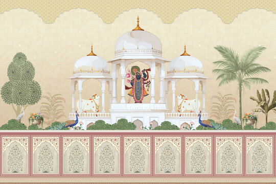 Shreenathji Pichwai Art with Nathdwara Temple, Sacred Cows and Peacocks