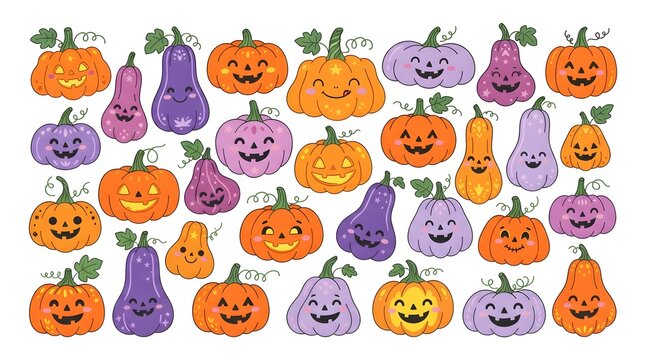 A festive collection of hand drawn watercolor pumpkins in orange and purple shades perfect for a happy thanksgiving greeting card design on white background
