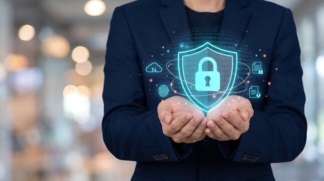 Businessman holding glowing cyber security shield with padlock for data protection and network safety concept