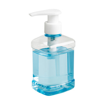 Liquid soap pump bottle with blue soap isolated on white background