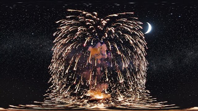 Spectacular Fireworks Exploding Under Starry Night Sky with Crescent Moon and Water Reflection