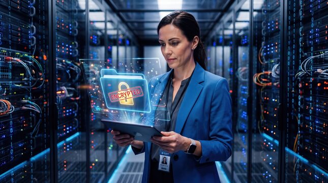 Professional it specialist managing encrypted data security within modern high tech server room