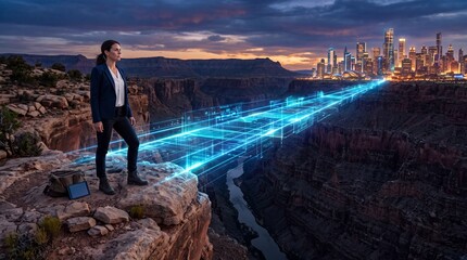 A visionary standing at the canyon's edge, connected to a futuristic city through digital pathways. © Jiraporn