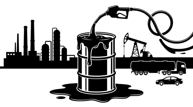 Oil industry concept with oil barrel, refinery, pump jack and transport