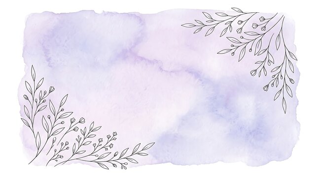 Watercolor purple background with hand drawn floral branches