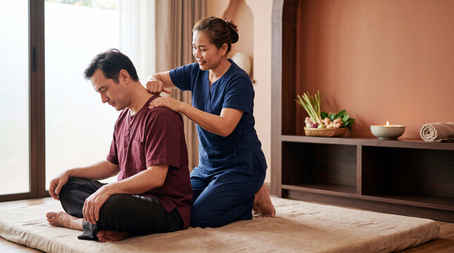 Thai Massage Experience: A skilled therapist provides a rejuvenating traditional Thai massage to a man, promoting relaxation and well-being in a serene spa environment.