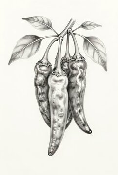 Pencil drawing of chili peppers branch

