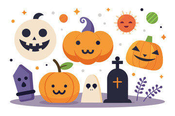Naklejka premium Cute halloween set with pumpkins, ghost, tombstone and spooky elements