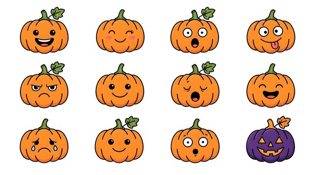 A collection of cute cartoon pumpkin characters with various funny facial expressions for a happy thanksgiving holiday celebration design isolated on a white background