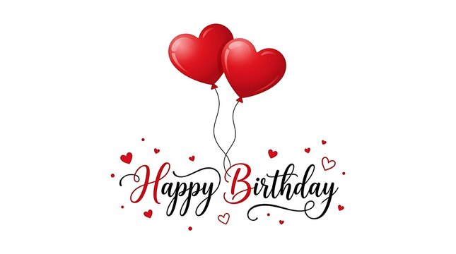 Happy birthday greeting card with red heart balloons isolated on white background