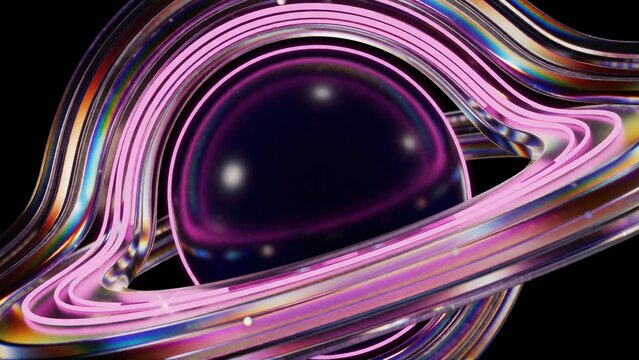 Abstract cosmic planet with glowing rings. Futuristic space background with neon light.