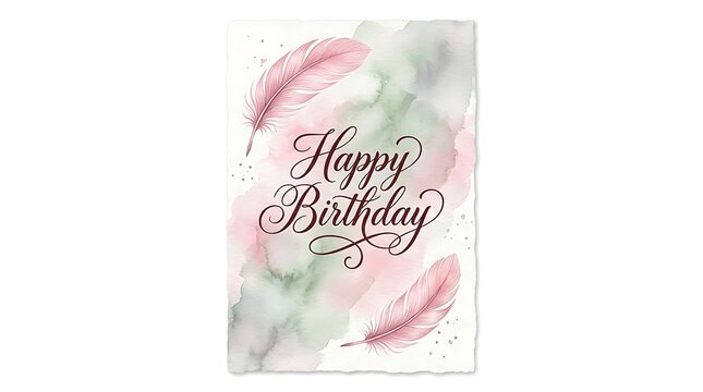Happy birthday greeting card with pink feathers and watercolor background