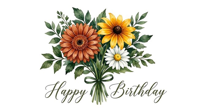 Beautiful watercolor flower bouquet for birthday greeting isolated on white background
