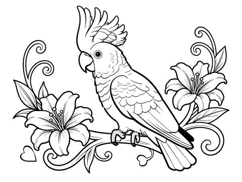 Cockatoo perched among lilies coloring page