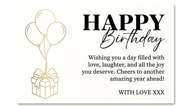 Happy birthday greeting card with gold balloons and gift isolated on white background