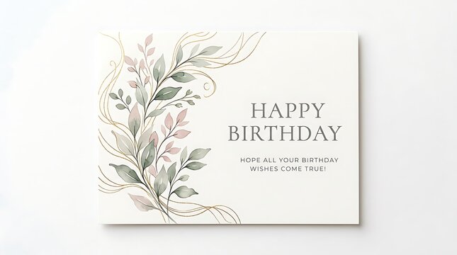 Elegant watercolor birthday card with botanical leaves and gold lines