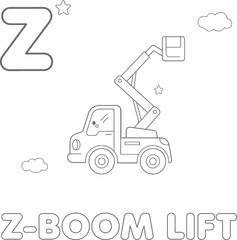 Naklejka premium Cute letter Z coloring sheet featuring a boom lift construction vehicle for young children learning alphabet