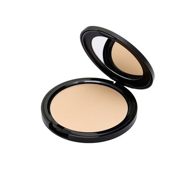 Open compact face powder with mirror isolated on white background