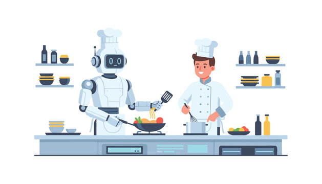 Intelligent robotic chef and human colleague work together in a professional kitchen to prepare gourmet dishes efficiently.