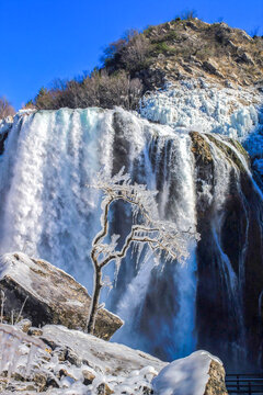 Frozen Krčić Waterfall in Winter with Ice Formations near Knin Croatia