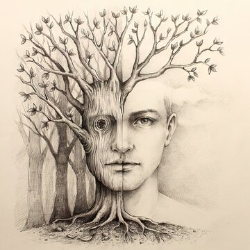 Surreal pencil sketch blending half human face and tree
