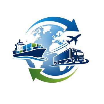 Global Import Export Logistics Logo with Cargo Ship, Truck, Airplane and Globe