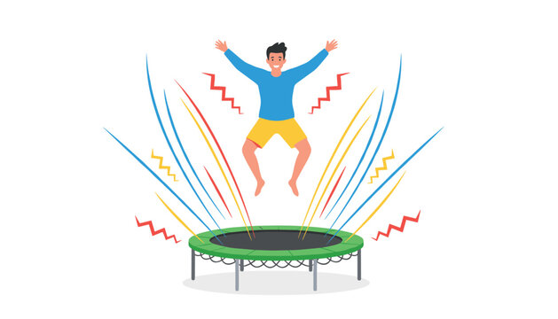 Man jumping on a trampoline with colorful motion lines and energetic sparks illustrates fun, physical activity, and health-focused movement.