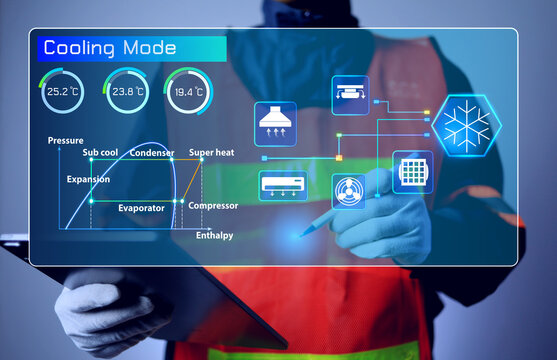 heating ventilation and air conditioner concept with technician monitoring on cooling mode on virtual screen