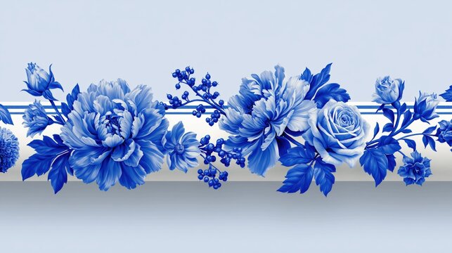 A decorative border of vibrant blue flowers adorns a light blue background.