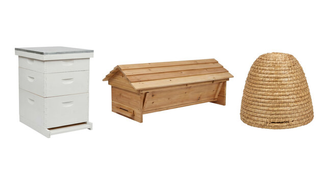 Beekeeping set featuring white langstroth wooden top bar and straw skep beehives isolated on transparent background.