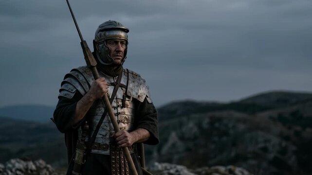 roman soldier wearing historical metallic armor and helmet holding a heavy spear while standing outdoors on a dark rocky hill representing biblical crucifixion during solemn holy week