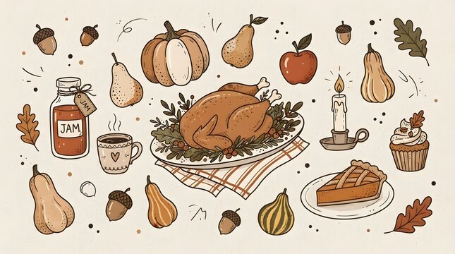 A festive collection of hand drawn illustrations featuring a roasted turkey pumpkin pie and autumn harvest elements to celebrate a warm and happy thanksgiving holiday
