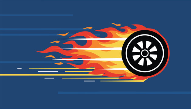 High speed racing car wheel engulfed in intense red and yellow flames speeding across a dark blue background.