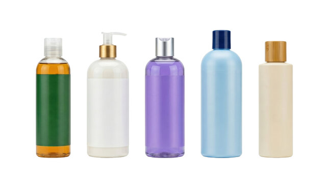 Hygiene set featuring five colorful cosmetic bottles with blank labels isolated on transparent background.