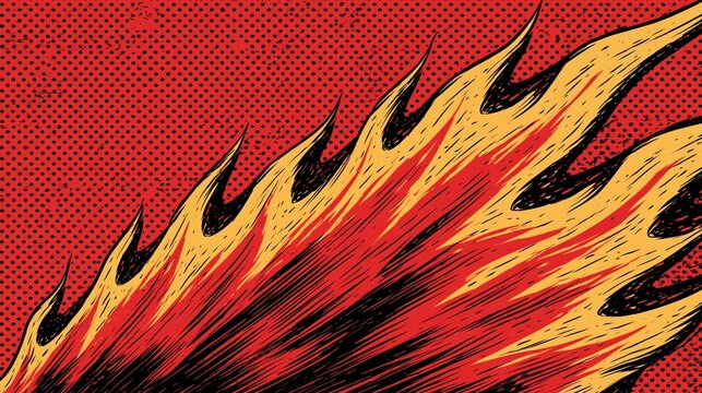 Energetic flames burst diagonally across a textured red background.