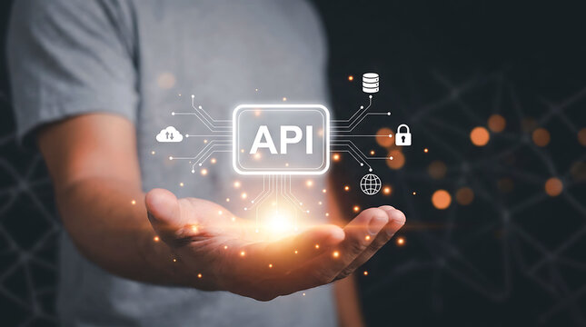 Man holding abstract API software integration icon for technology and web development