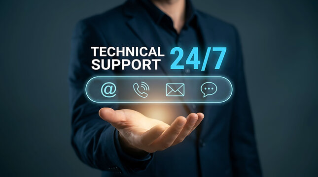 Businessman holding technical support 24 7 contact icon concept for customer service