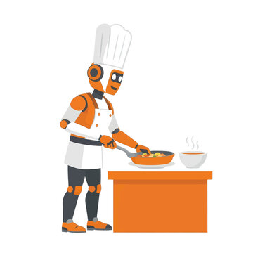 Cute anthropomorphic robot chef wearing a white apron and tall chef hat cooking healthy food in a frying pan in a modern minimalist kitchen setting, vector illustration character design