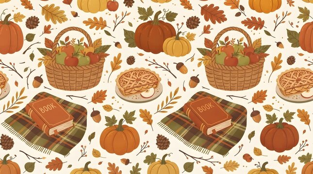Seamless pattern illustration featuring pumpkins autumn leaves baskets and pies for a festive happy thanksgiving celebration design perfect for holiday wrapping paper and seasonal fabric