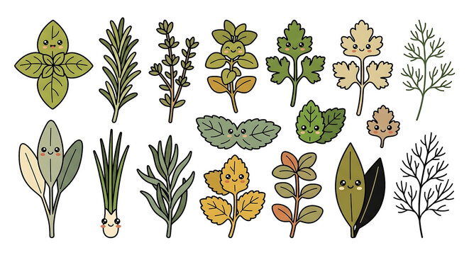 Cute Culinary Herbs Collection Kawaii Retro Bold Line Vector Isolated on White Background