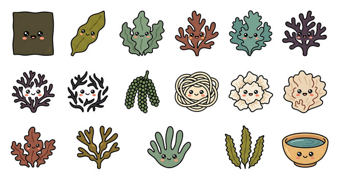 Cute Edible Sea Vegetables Collection Kawaii Retro Bold Line Vector Isolated on White Background