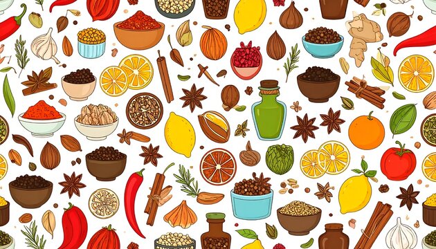 Colorful abstract seamless pattern with spice illustrations.