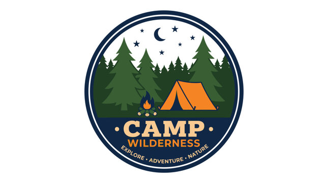 Camp Wilderness logo with tent and forest night.
