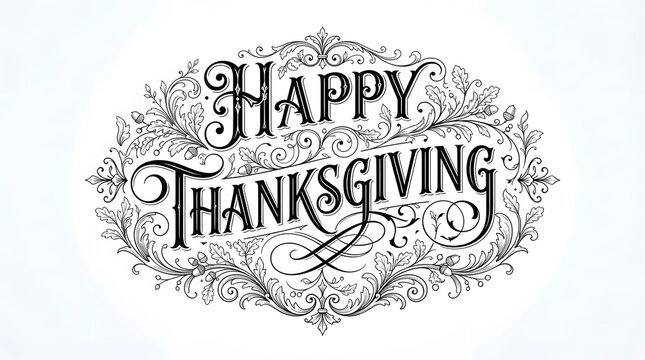 Elegant black and white vintage style typography design with happy thanksgiving greeting text surrounded by intricate floral swirls and decorative flourishes for holiday season cards