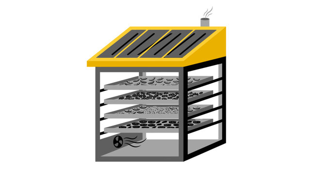 Solar powered food dehydrator cabinet illustration.