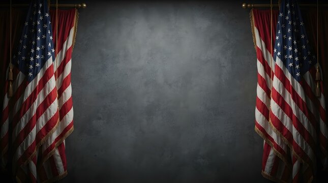 Two american flags hanging on the sides with a dark textured background for patriotic design projects