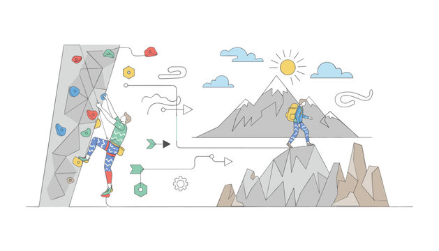 People enjoy outdoor rock climbing activities on steep cliffs while hikers explore mountain trails in this flat vector illustration.