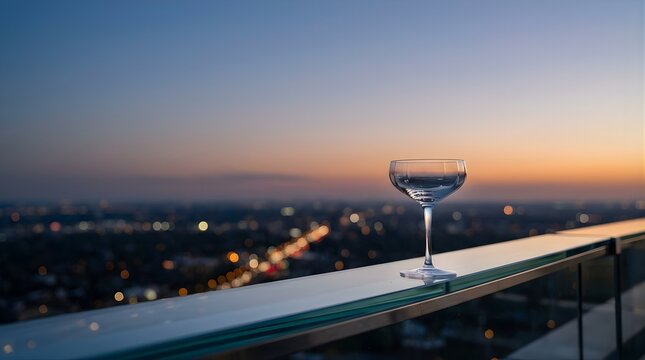 Empty cocktail glass on a rooftop railing overlooking a city at sunset