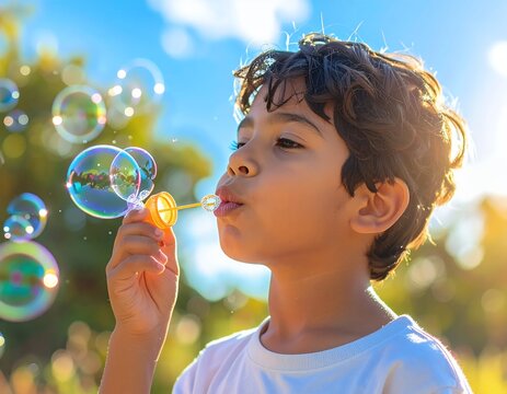 Young Boy Blowing Bubbles Outdoors on a Sunny Day.