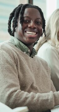 Happy, queue and face of businessman in office for job interview, meeting or corporate training. Smile, portrait and candidate in line for career opportunity, vacancy or recruitment in workplace.